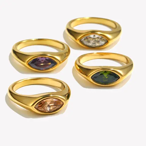 E.B.belle Horse Eye Zircon Seal Ring Colorful Hypoallergenic 316L Stainless Steel Decoration 18K Gold Plated Jewelry
