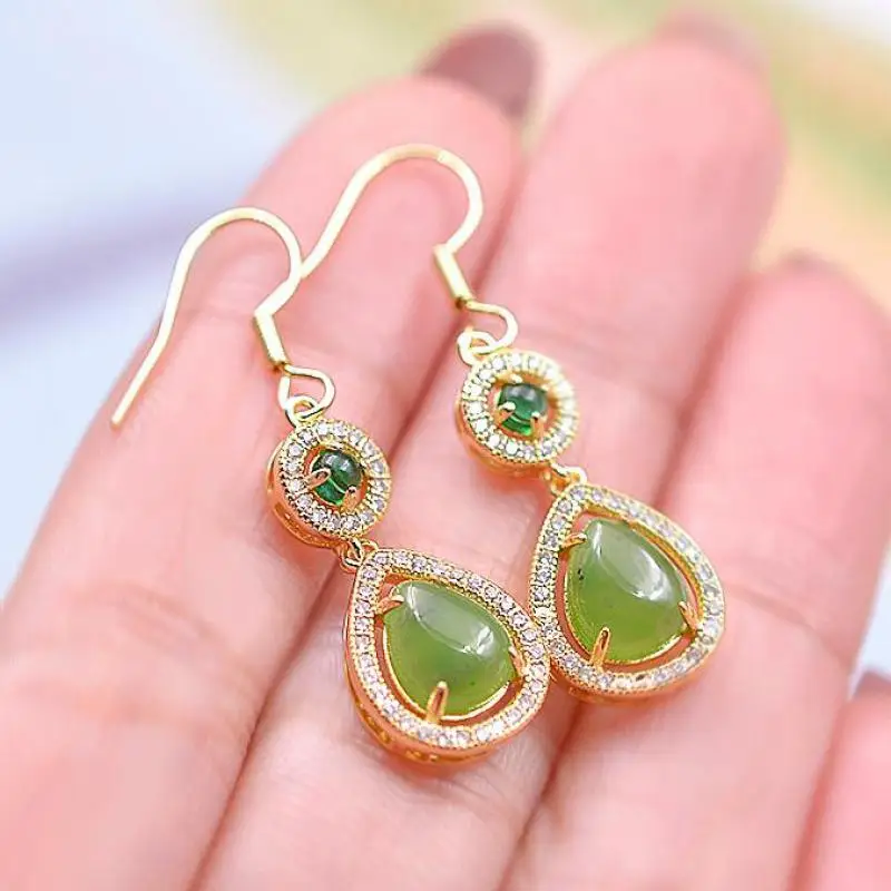 

Natural Nephrite Green Jade Earring Women Fine Jewelry Genuine Chinese Hetian Jade Emerald Luxury Zircon Water Drop Earrings