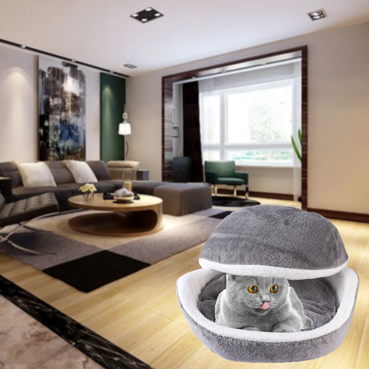 

Cute Cat Bed Removable Nest Pet Beds Semi-enclosed Four Seasons Grey Warm Sleeping House