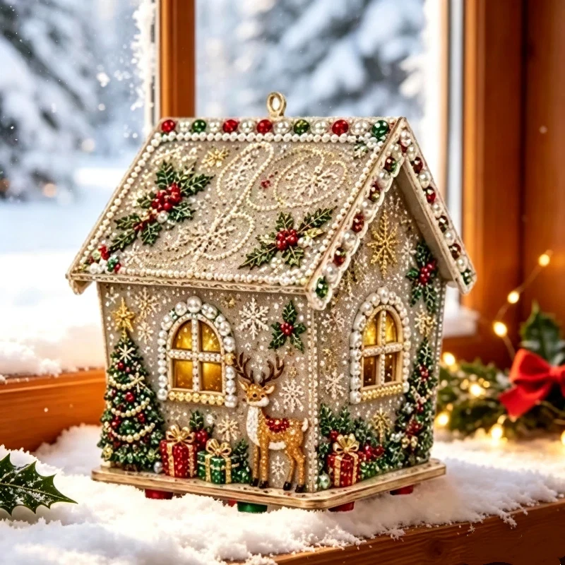 3D Beaded Christmas House Kit Pearl Xmas Cottage DIY Craft Set Hand‑made Ornament For Tabletop Display Holiday Decoration