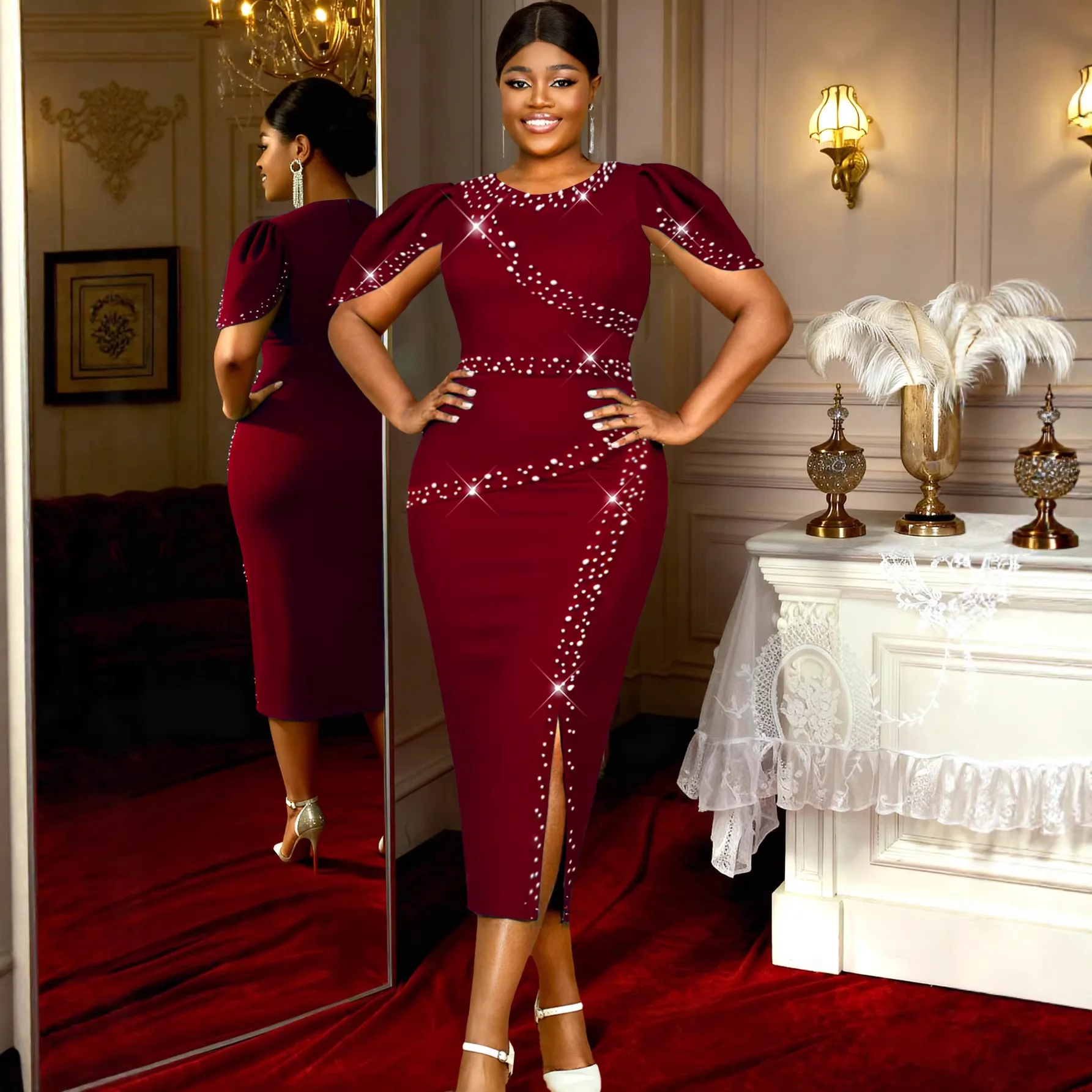 

L-4XL африканские платья больших размеров для женщин, элегантное 2026 с коротким рукавом из полиэстера, вечернее облегающее платье миди, африканская одежда