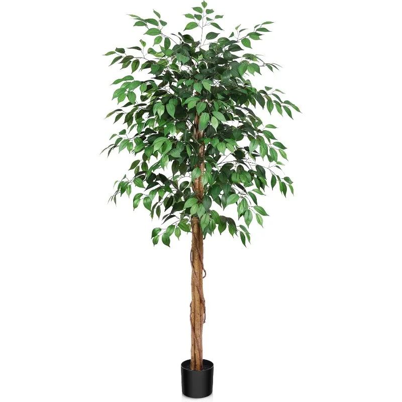 

6ft Ficus Artificial Trees with Realistic Leaves and Trunk, Silk Fake Ficus Tree with Plastic Nursery Pot, Faux Ficus Tree for