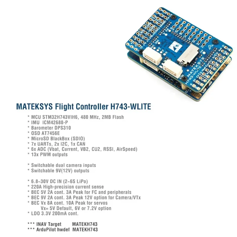 MATEK System H743-WLITE H743-Wing Flight Controller Built-in OSD 2-6S LiPo Lite ArduPilot INAV for RC FPV Drone instead F765-WSE