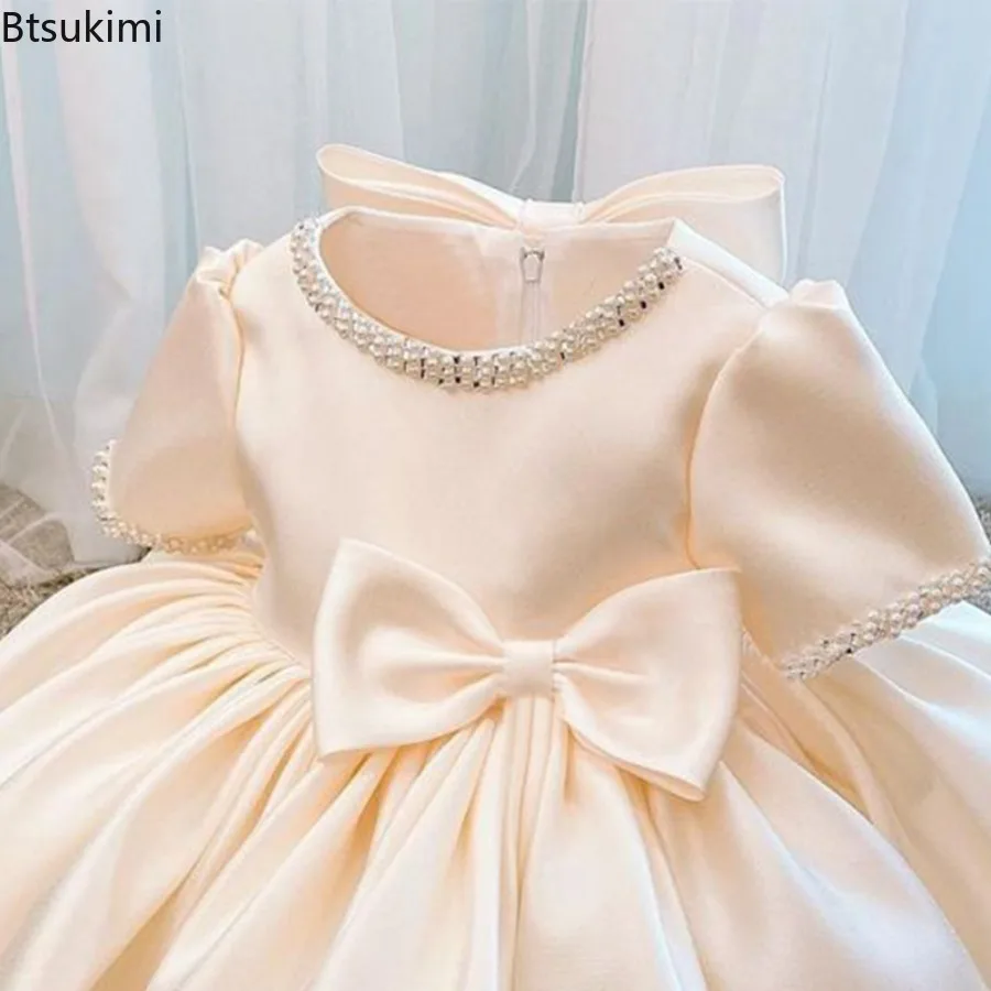 Spring and Autumn Champagne Satin Girls Princess Dress Pearl Embellished Puff Sleeve Bowknot Party Gown for Birthday Wedding