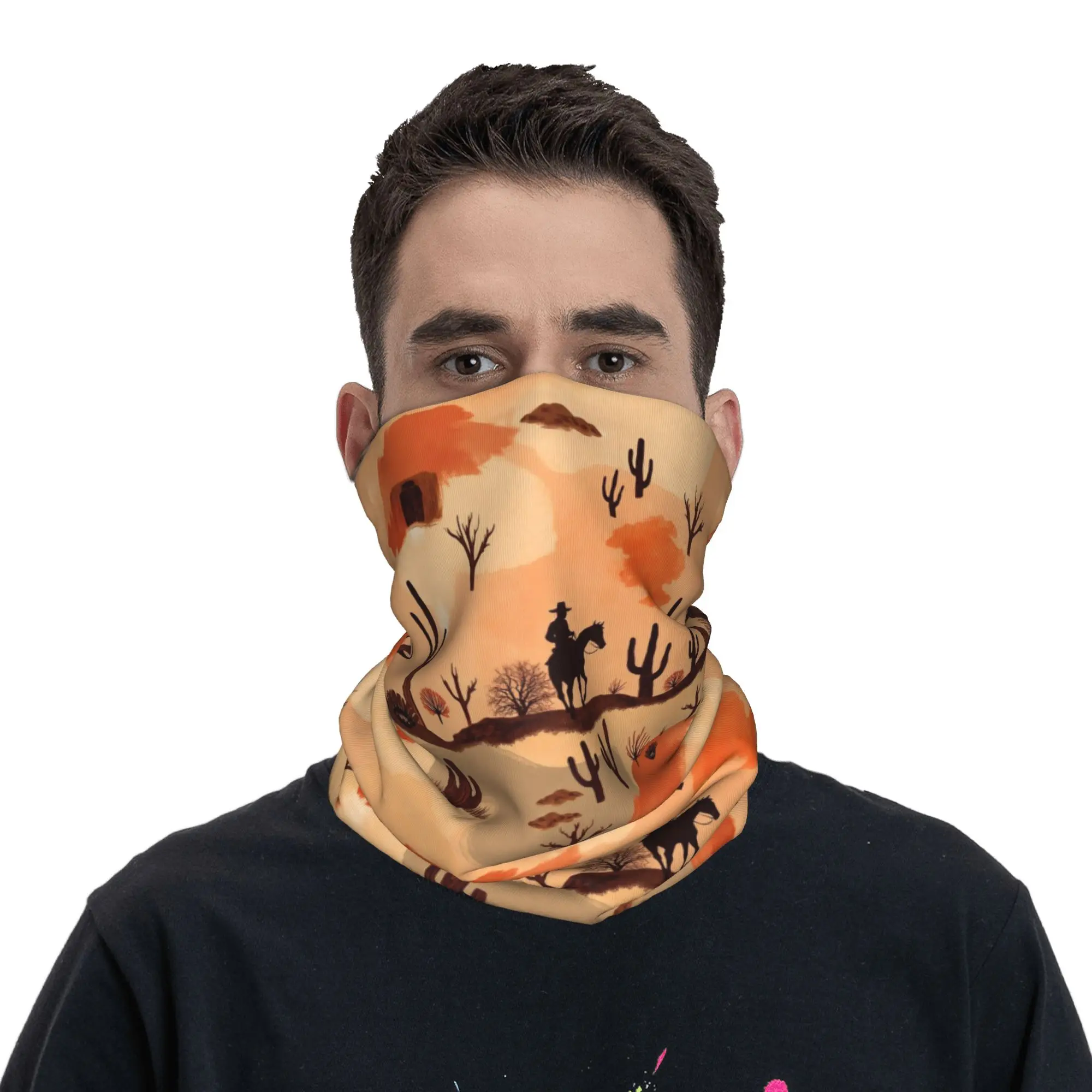 Wild West Desert with Cowboy on Horseback and Cactuses  Bandana Neck Gaiter Printed Wrap Scarf Cycling Scarf Hiking Fishing
