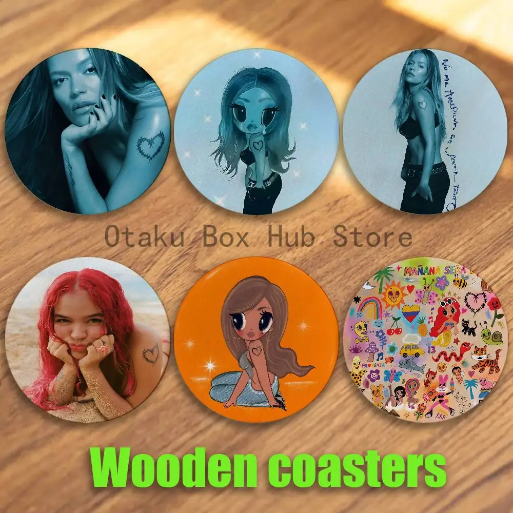 Singer K-Karol G Dibujos Wood Coaster Set - Heat Resistant For Tea & Coffee, Home Cafe Decor Holiday Gift