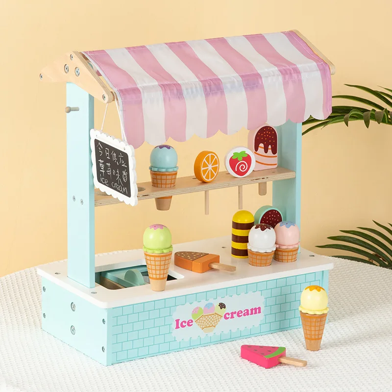 

Montessori Wooden Ice Cream Shop Puzzle Miniature Dollhouse Accessories Mini Food Children Toy Board Games Magic Blackboard Gift