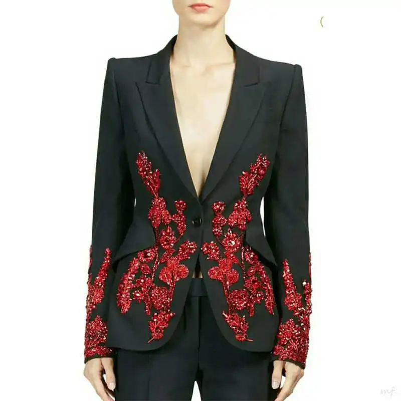 Modern Women Suits Beaded Appliques Peaked Lapel One Button Blazer Bride Outfits  2 Piece Set Mother Pants Suit Customized