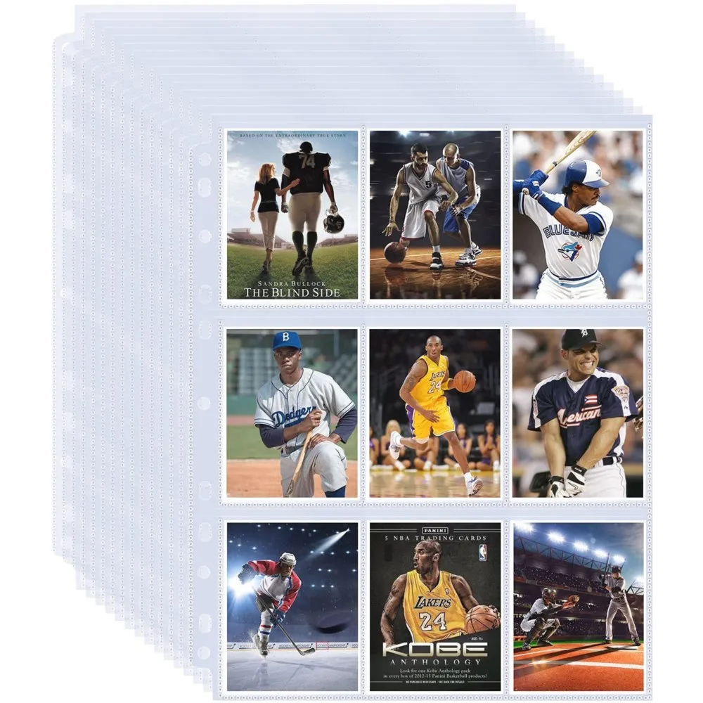 50 hojas de protectores de tarjetas coleccionables de una sola cara con 9 bolsillos y 11 agujeros, compatibles con álbumes de almacenamiento de 3 anillas para tarjetas de juegos deportivos TCG
