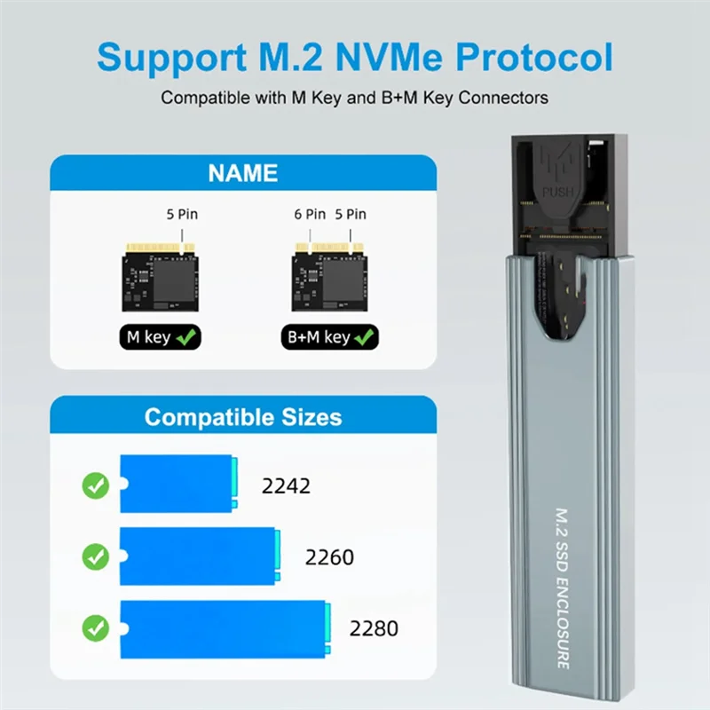 

M.2 SSD Hard Drive Enclosure M.2 Nvme SATA SSD M.2 To USB Type C SSD Adapter 10Gbps USB 3.1 External Case Supports M And B