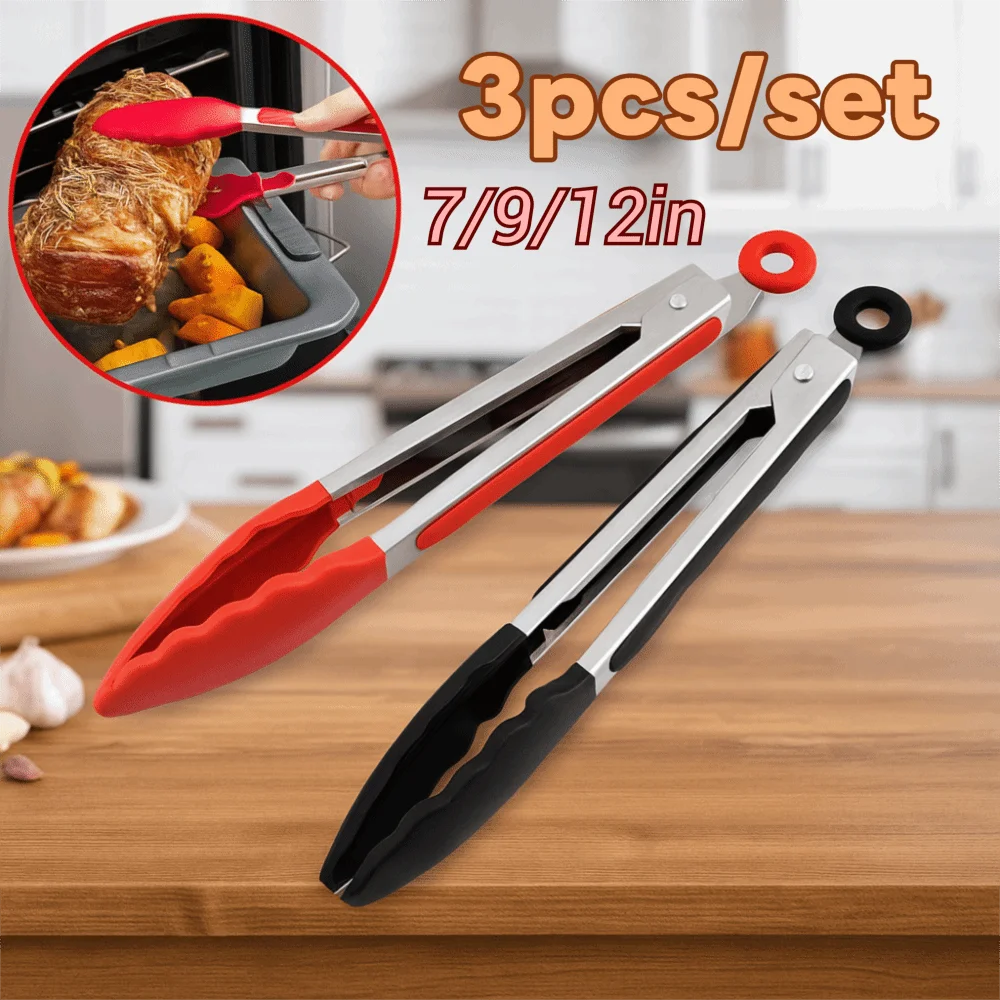 

3pcs Durable Silicone Tip BBQ Grilling Tong Heat Resistant Non-slip Bread Clamp Anti-scalding Locking Design Food Clip Salad