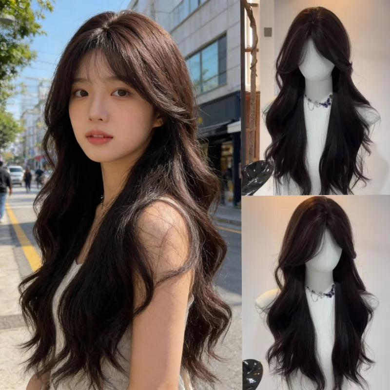 Women's -head , realistic , natural seamless middle-parted bangs, large wavy long hair, full wig set