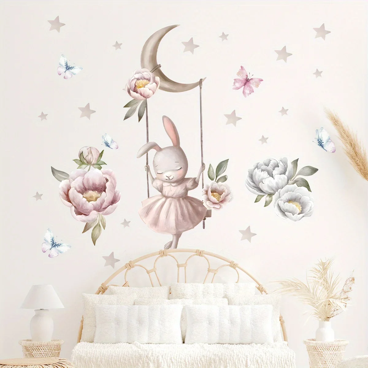 1Pc Cartoon Rabbit The Swing Flower farfalle adesivi murali per la decorazione della camera da letto bambini Baby Room Decor soggiorno Nursery