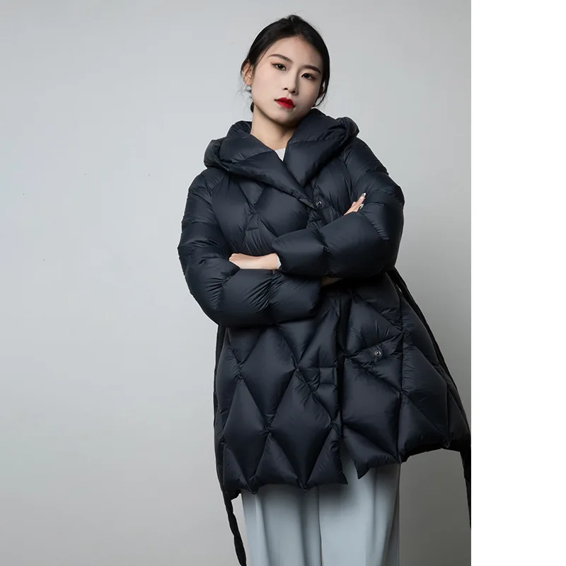 Winter Jackets Woman White Duck Down Single-Breasted Down Coats Warm  Argyle Outwear Solid Color Jacket with A Belt Hooded Parka