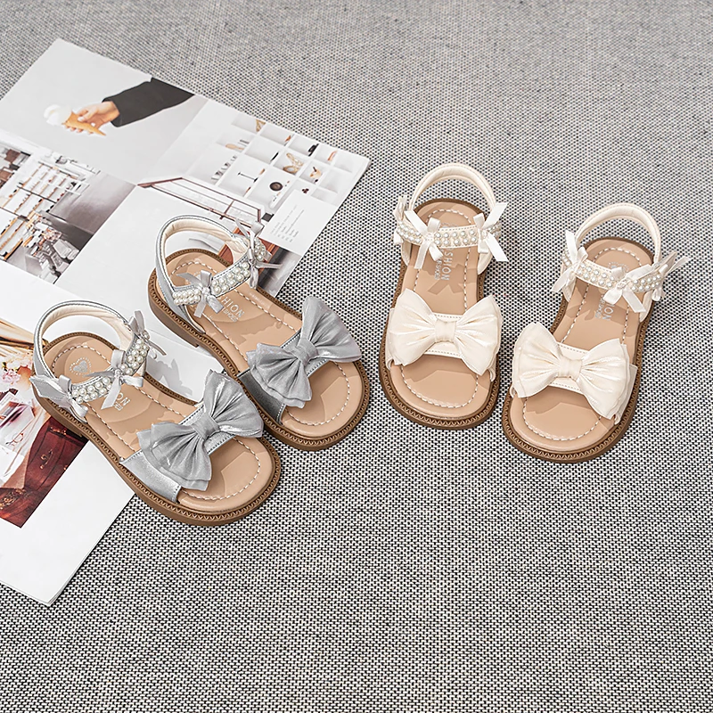 Kids'Casual Shoes Sandals PU Leather Solid Color Bow Summer Shoes For Girls Anti-slip Silver White Shoes Size 26-36