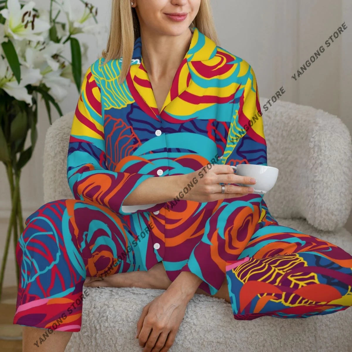 Women Sleepwear Loungewear Abstract Roses Long Sleeve Lapel Neck Shirt and Elastic Waist Pants Pajamas Set