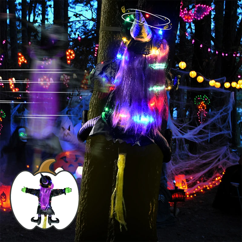 Halloween Crashing Witch into Tree Decoration Light-Up Hanging Decor Outdoor Porch Courtyard Lawn Glowing Flying Witch Halloween