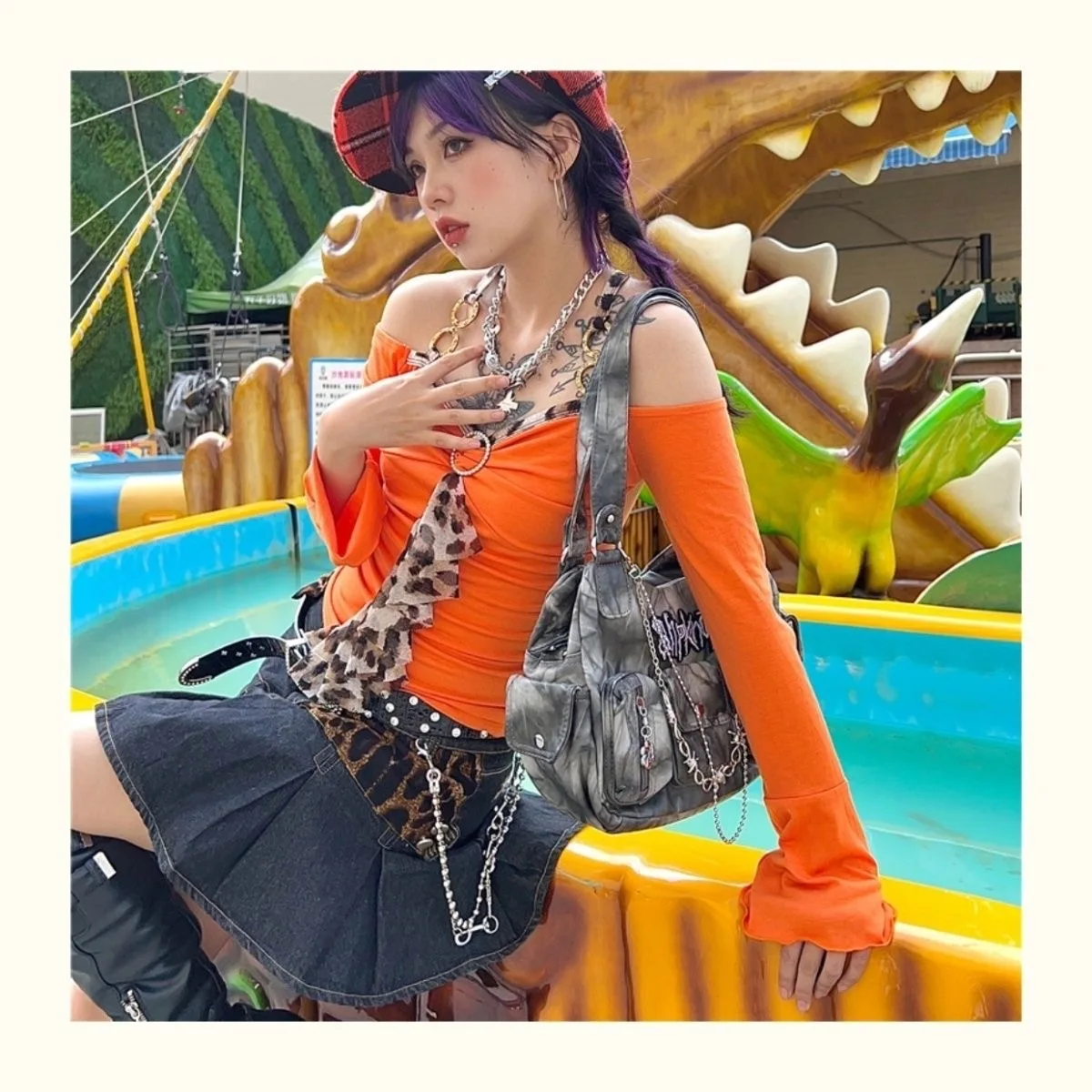 Women's Grey Y2k Shoulder Bags Luxury Designer Gothic Tote Bag Motor Style Hot Girls Chain Punk Handbag Multi-Pocket Harajuku