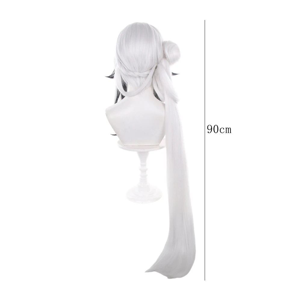 White Long Straight Cosplay Wig with Black Tips and Side Bun Synthetic Heat Resistant for Women Anime Halloween