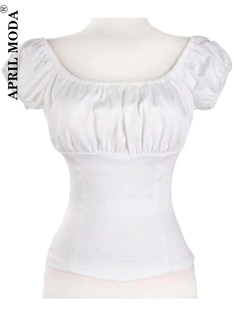 Blusa Retro Vintage para mujer, Blusa de manga abullonada con espalda baja, Tops informales de algodón Pinup de los años 50 y 60, color blanco, 2024