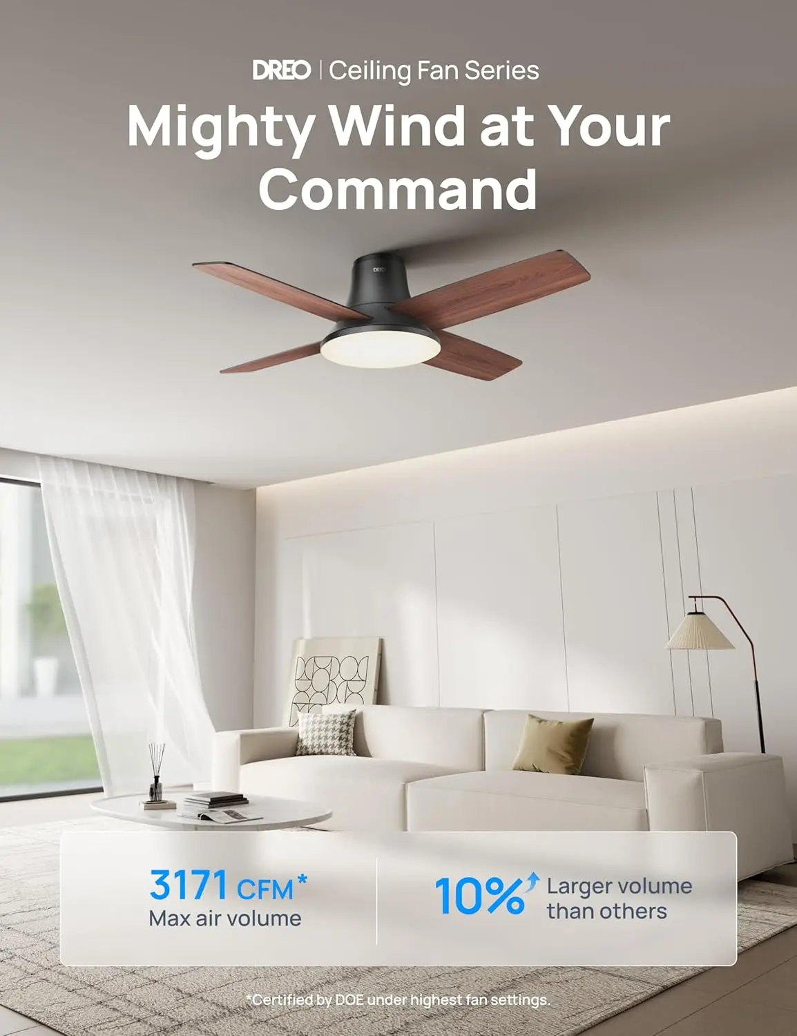 Dreo Ceiling Fans with Lights, 44'' Low Profile Black Ceiling Fan with Remote Control for Bedroom, 6-Level Dimmable Lighting & 5