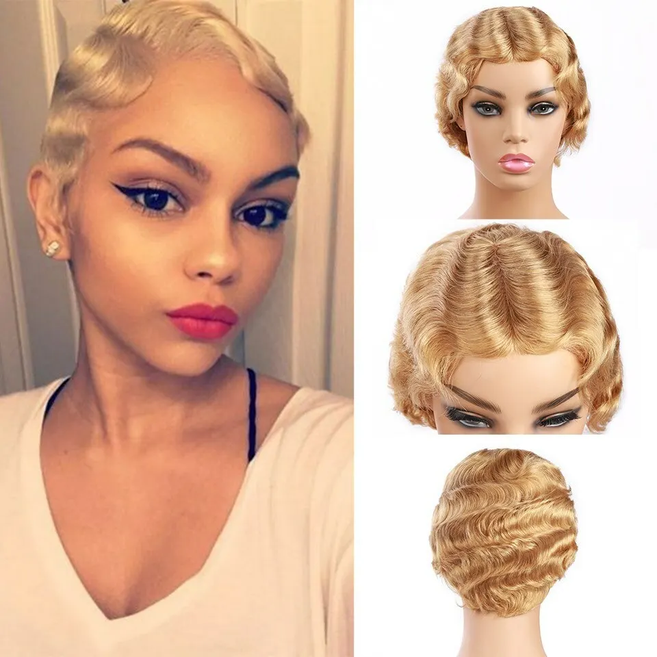 

Short Pixie Cut Finger Wave Wigs Colored For Women Machine made