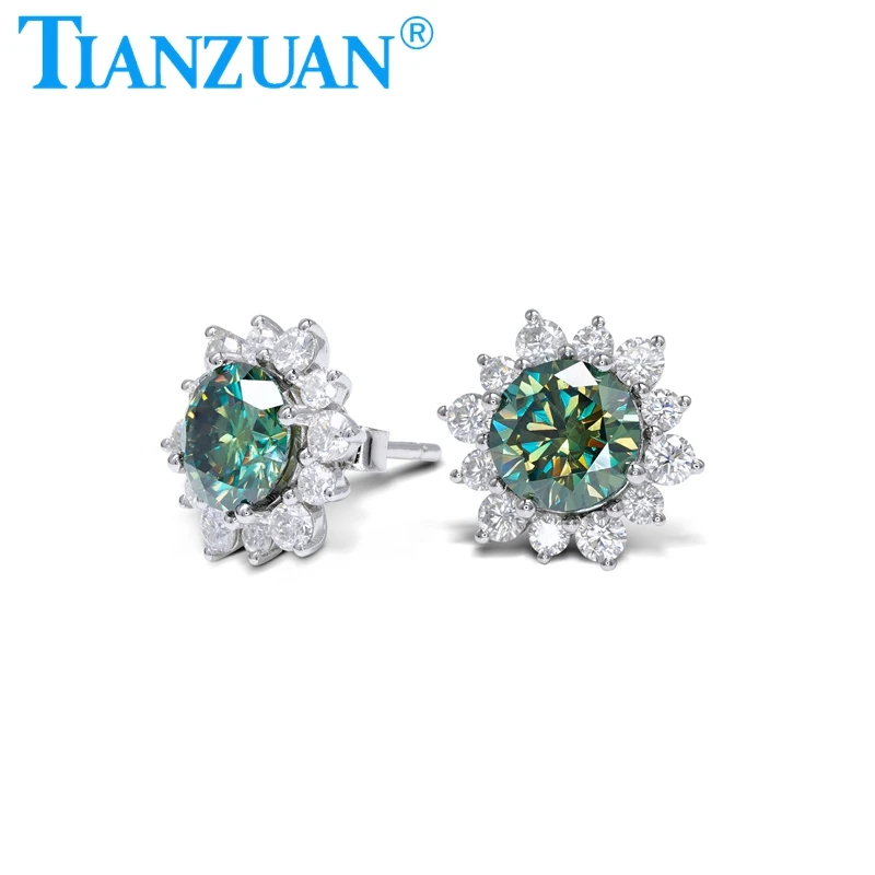 New Trendy Fresh Lovely Sunflower Stud Earrings 8mm Yellow Green Moissanite For Women Gifts Fashion Jewelry Cute Accessories