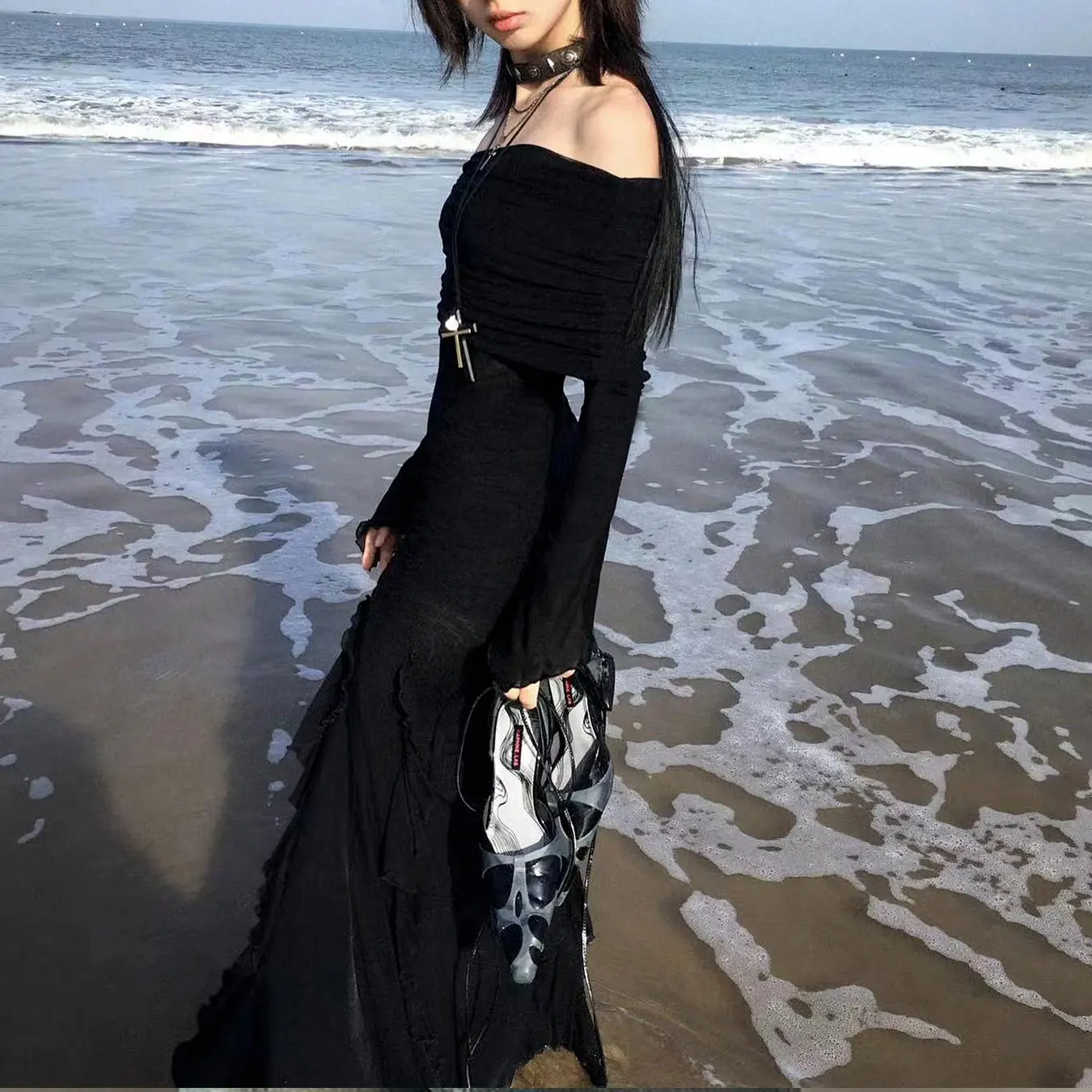 SUCHCUTE Elegant Off Shoulder Ruffles Split Long Dress Black Fashion Long Sleeve Party Dresses Women Beach Vacation Outfits 2024