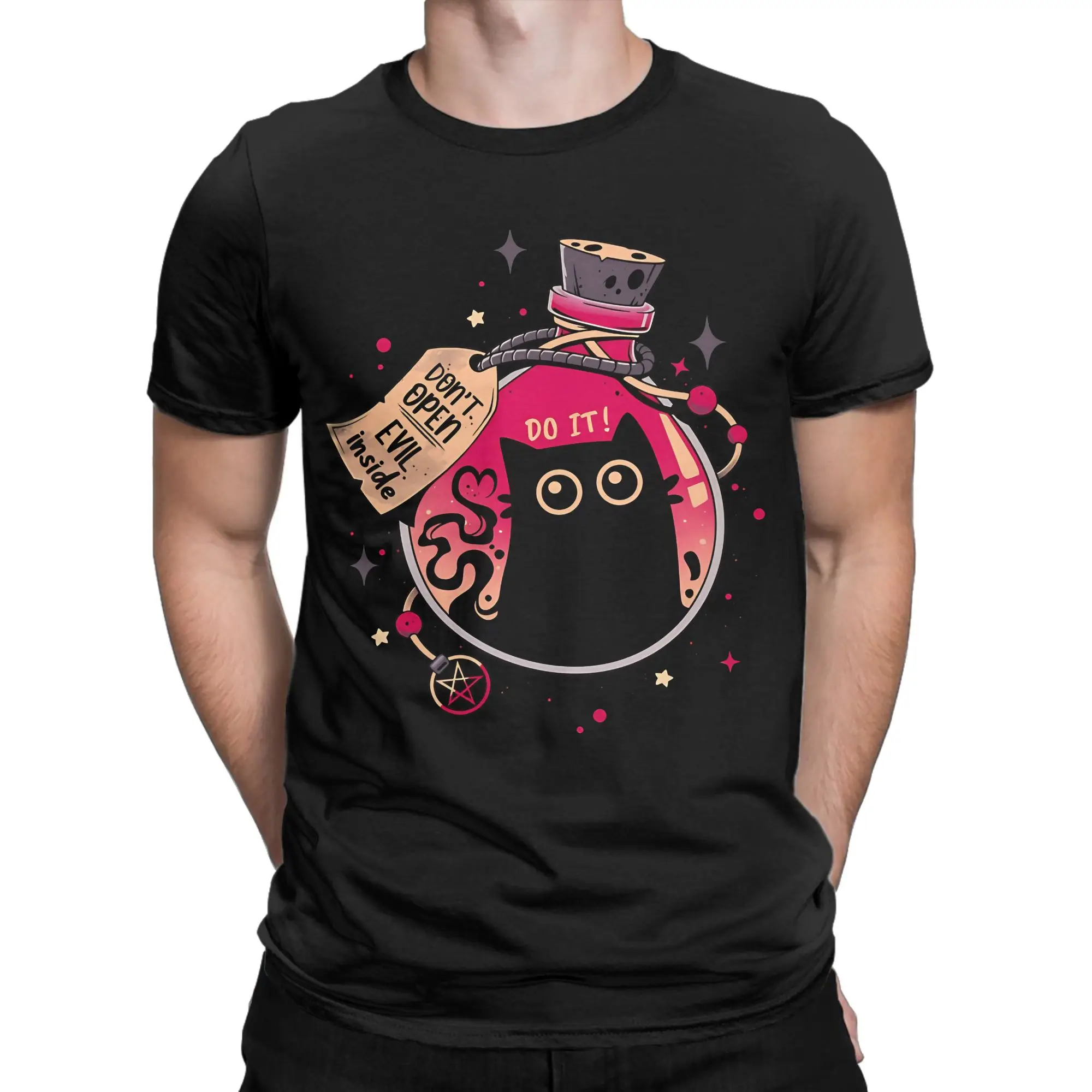 Bottled Menace Evil Black Cat classicNovelty 100% Cotton T-Shirt Halloween Tees Tops For Men