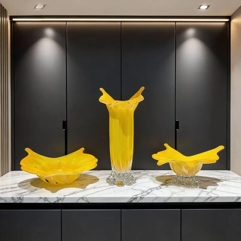 Modern light luxury yellow glazed vase fruit plate home model room living room decorative ornament art flower arrangement