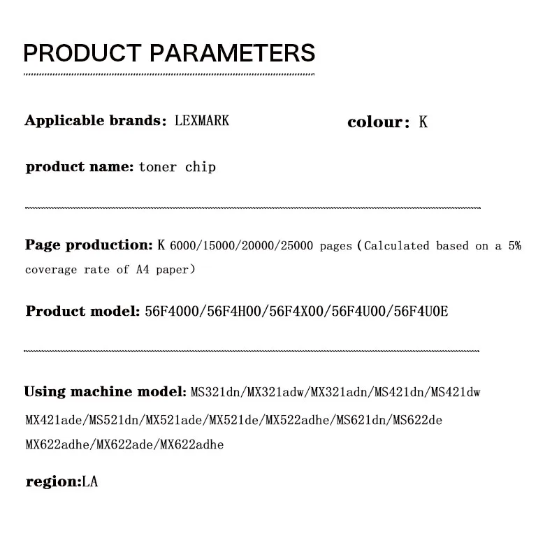 56F4000 56F4H00 56F4X00 56F4U00/56F4U0E 6K/15K/20K/25K LA Toner Chip for Lexmark MS321/421/521/621/622/MX321/421/521/522/622