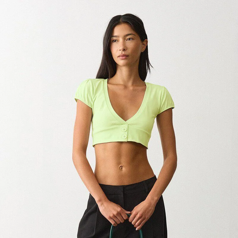 Fashionable V-Neck Button-Up Crop Top Women's Summer New Style Small Shirt Universal Fit Slimming Daily Wear Polyester Fiber