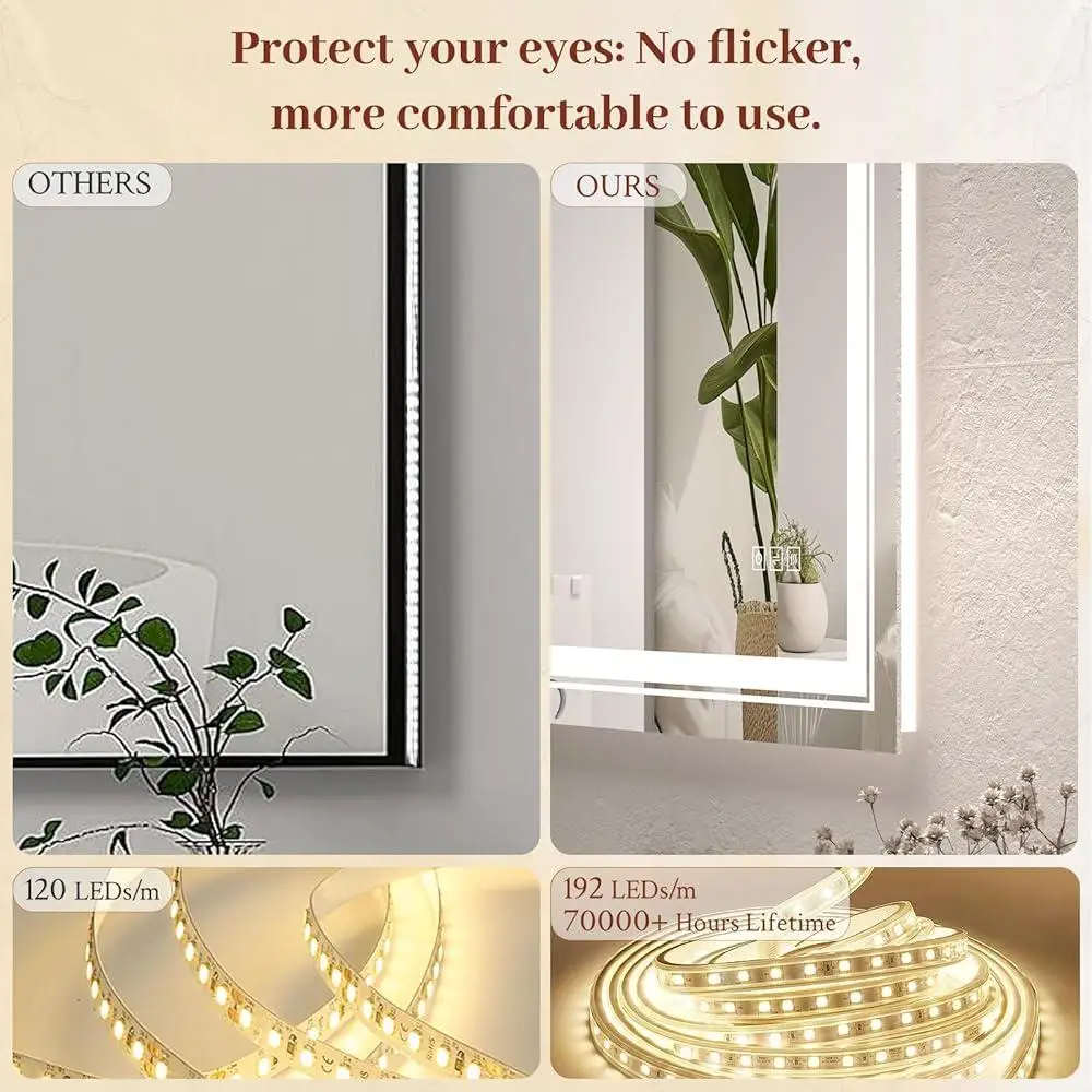 LED Bathroom Mirror Anti Fog Digital Lighted Mirror Tempered Glass Stepless Dimmable Backlit Frontlit Touch Control Makeup