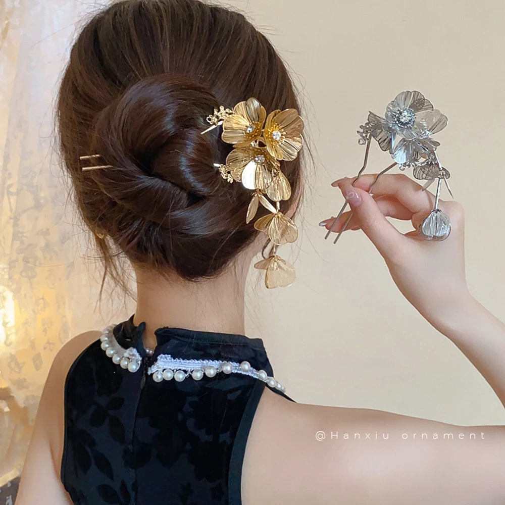 1 Pcs Golden Silvery Hollow Flower Long Leaf Tassel Hairpin Hair Fork Chinese Bridal Wedding Charm Headwear Jewelry Accessories