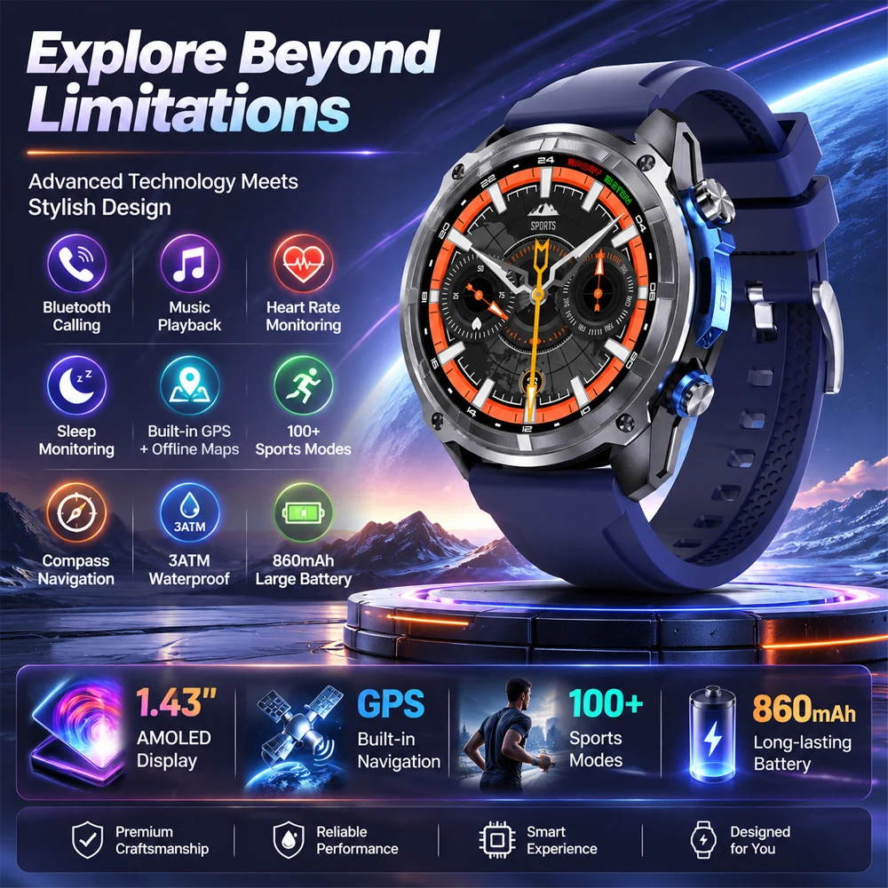 2026New Men GPS Offline Map Military Smart Watch 860mAh Battery 1.43 AMOLED HD Display 3ATM Waterproof Outdoors Military Watches