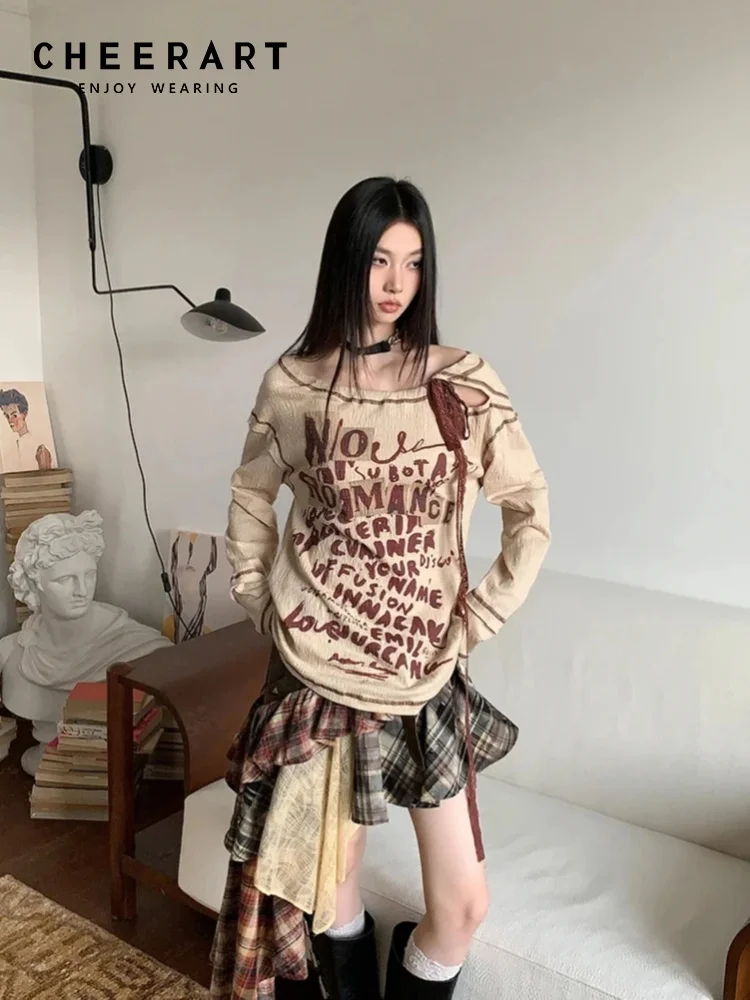 CHEERART Wast Land Letter Print Long Sleeve Tees Beige T Shirt Women Cut Out Designer Top Autumn Fall 2024 Fashion Clothes