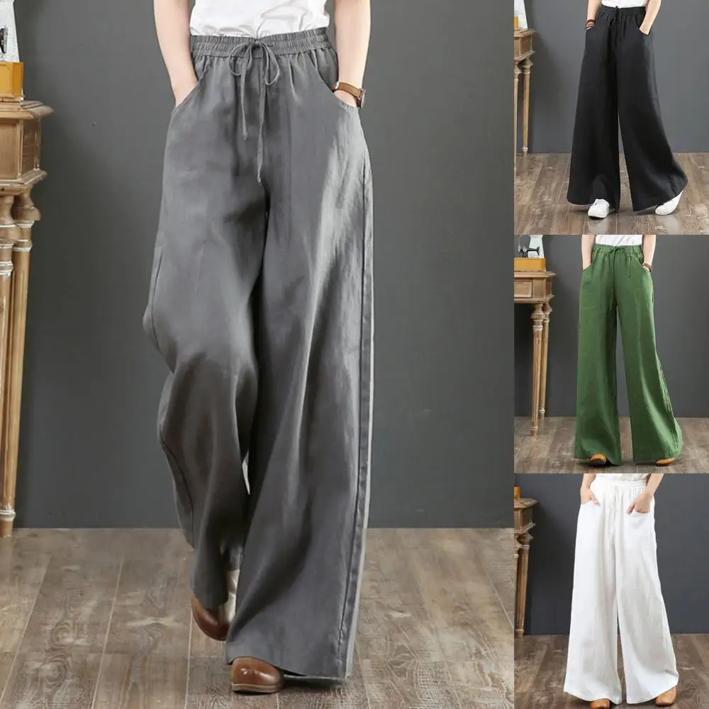 M-3XL 4Colors Wide Leg Elastic Waist Straight Tube Pants Breathable Cotton Linen Women Daily School Shopping Travel Wear