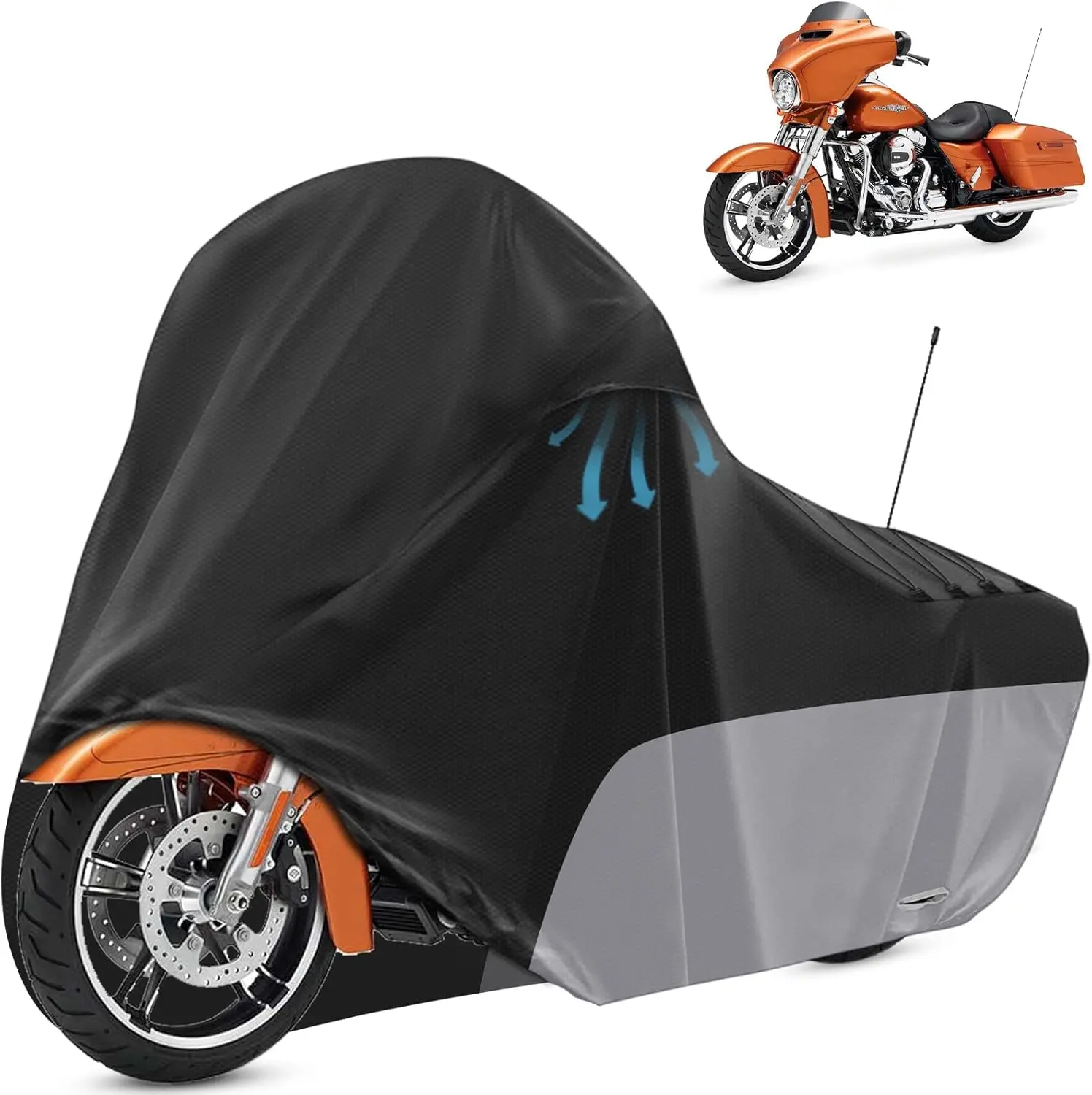 

All-Weather Motorcycle Cover with Vents, Waterproof & UV-Resistant for Touring Bikes (Black/Grey)