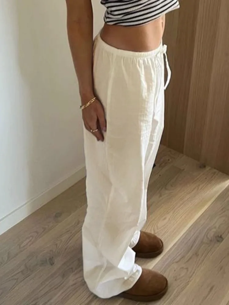 HOUZHOU Casual Basic White Pants Women Baggy Low Waist Straight Trousers Solid Color Thin Wide Leg Pantalones Ladies Summer