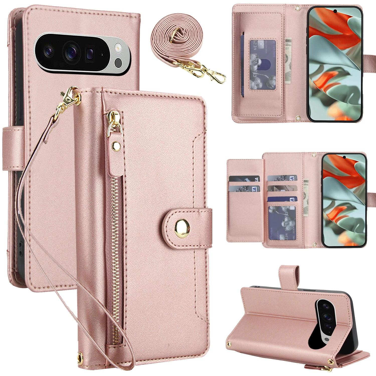 Crossbody Zipper Leather Wallet Flip Case For Google Pixel 10/10 Pro 8 8Pro 9A 9 Luxury RFID Stand Book Long Lanyard Bag Cover