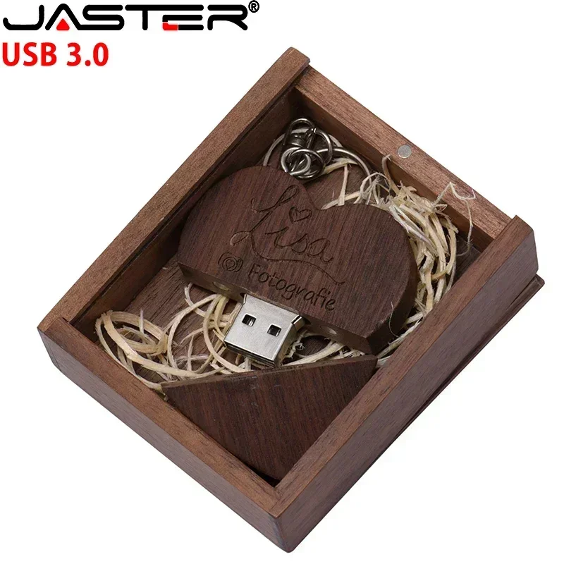 JASTER 10 STKS/PARTIJ Houten Hart USB 3.0 Flash Drives 128 GB Gratis aangepaste logo sleutelhanger Pen drive 64 GB 32 GB Relatiegeschenk USB stick