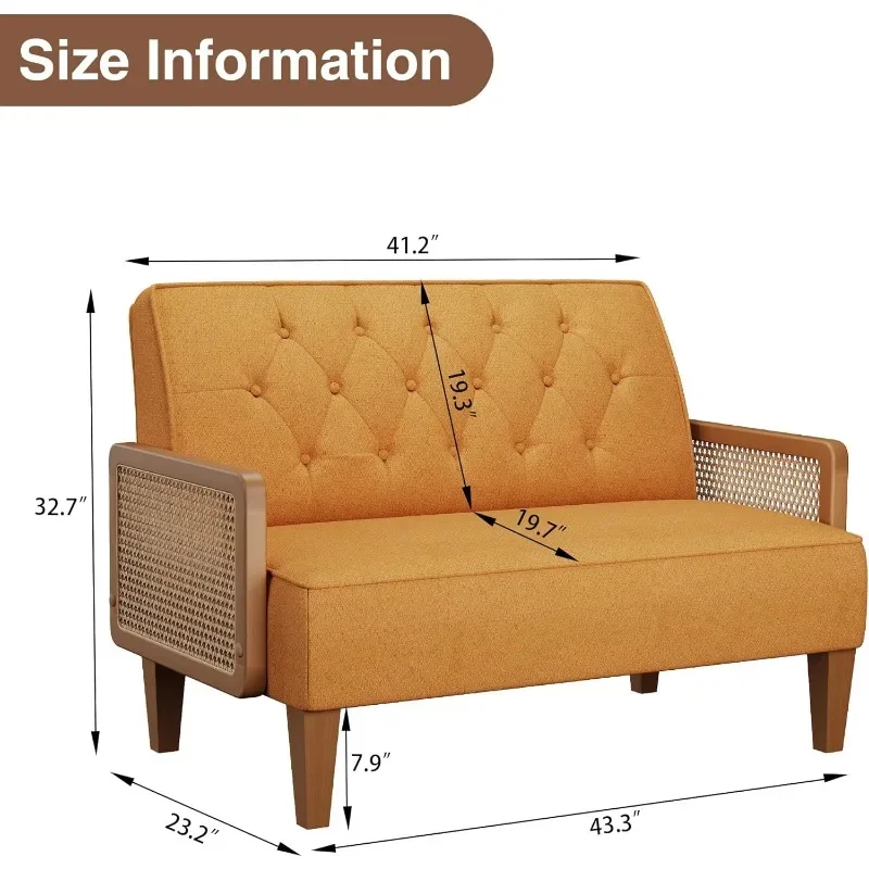 Button Tufted Loveseat Settee Upholstered Sofa with Natural Rattan Armrest Backrest Buckle Couch Banquette Bench