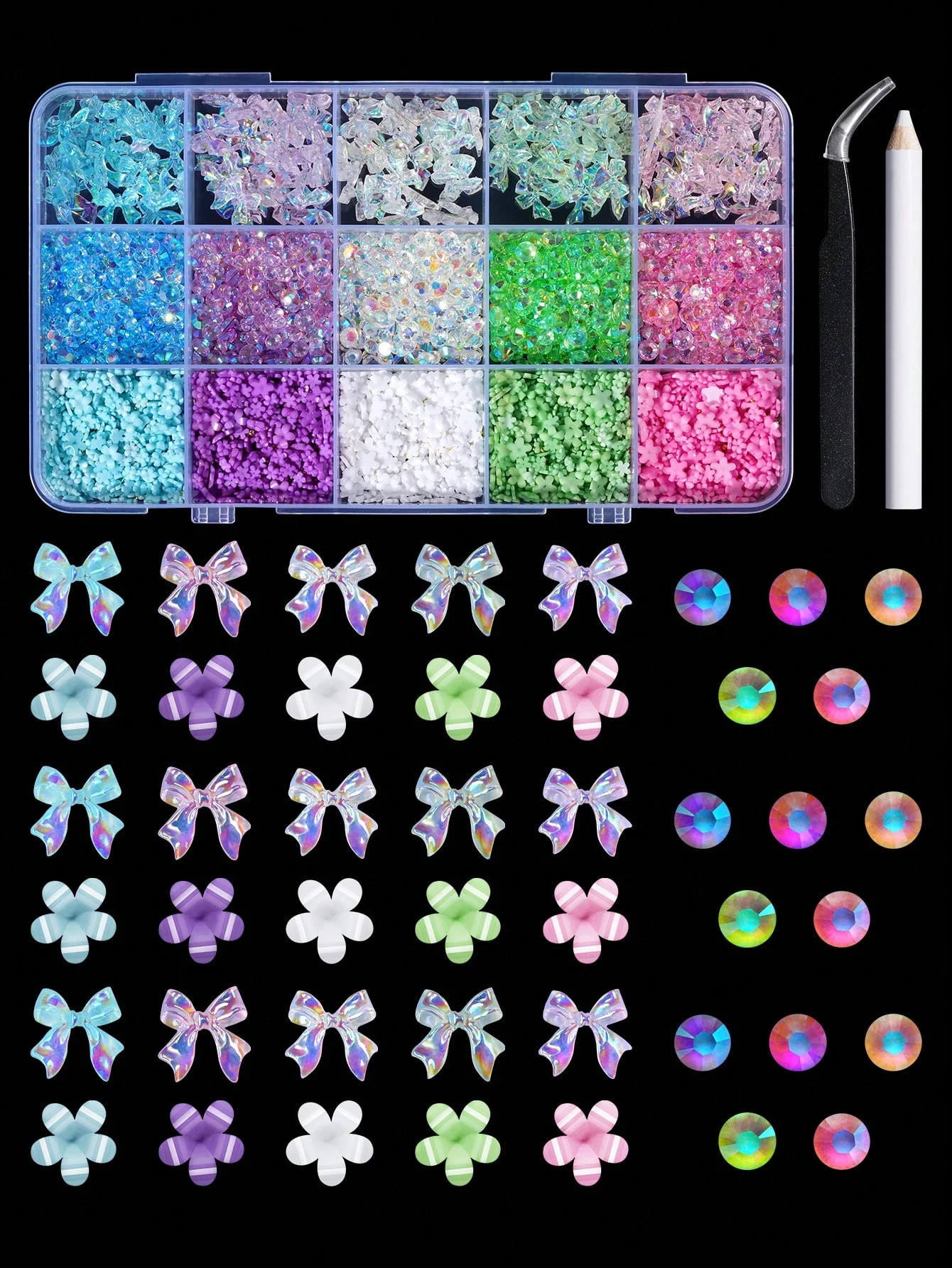 About 3200pcs  3D Multicolor Flowers+Bowknot+Heart-Shaped+Star+Diamond Shaped Box-Packed Rhinestone Nail Decorations, With Nail