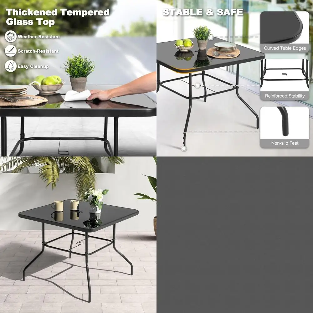 

32 Square Patio Dining Table with Tempered Glass and Umbrella Hole, Ideal for Balcony, Backyard, Poolside, and Sunroom in Black