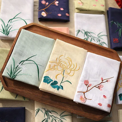 Chinese Style Hanfu Accessory 100 Cotton Embroidered Plum Orchid Bamboo Chrysanthemum Absorbent Portable Handkerchief For Men