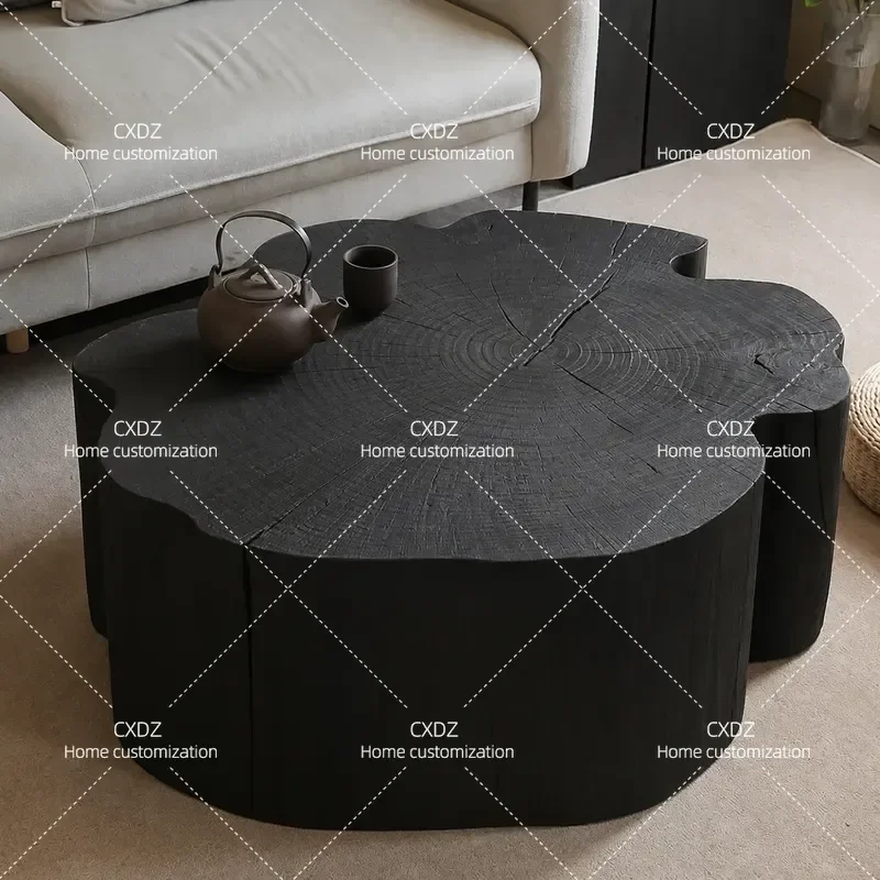 Table basse en bois massif de style japonais, design en forme de fleur noire carbonisée, petite table d'appoint pour salon et chambre à coucher