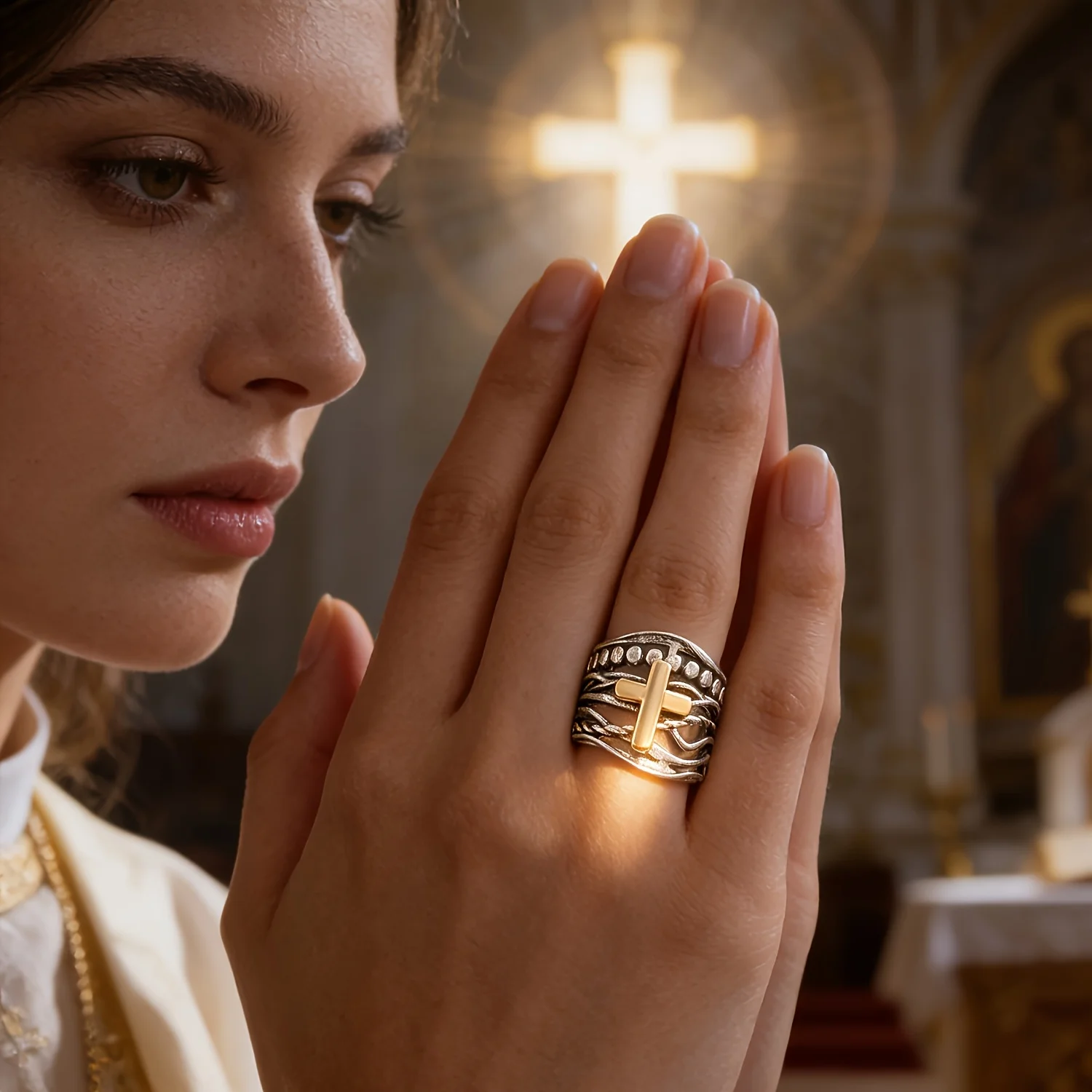 Bague tressée croix de la foi bicolore argenté et doré, bijou de prière chrétienne tressé superposé à bande ouverte pour l'église et le quotidien