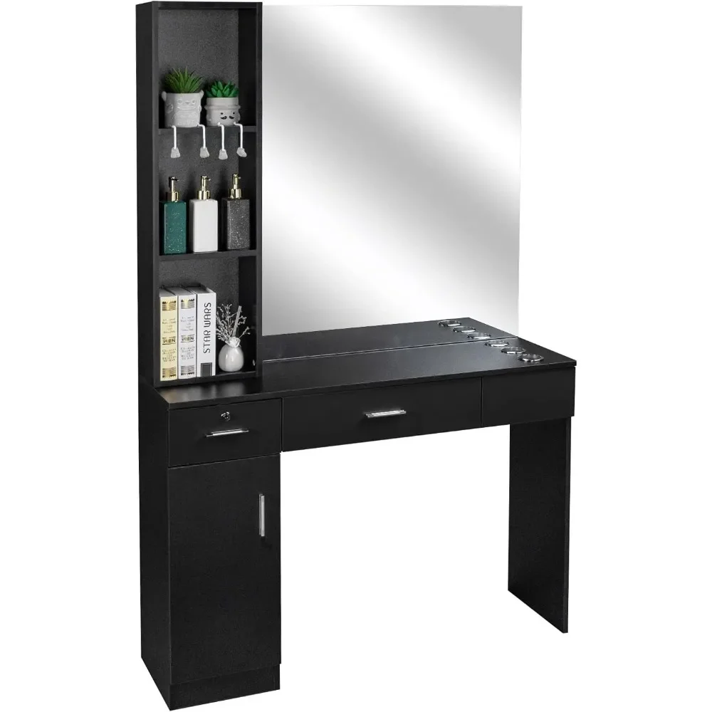 

Barber Station Wall Mount Salon Hair Styling Beauty Spa Equipment w/Mirror, 2 Drawers, 1 Storage Cabinet, 3 Open Shelves