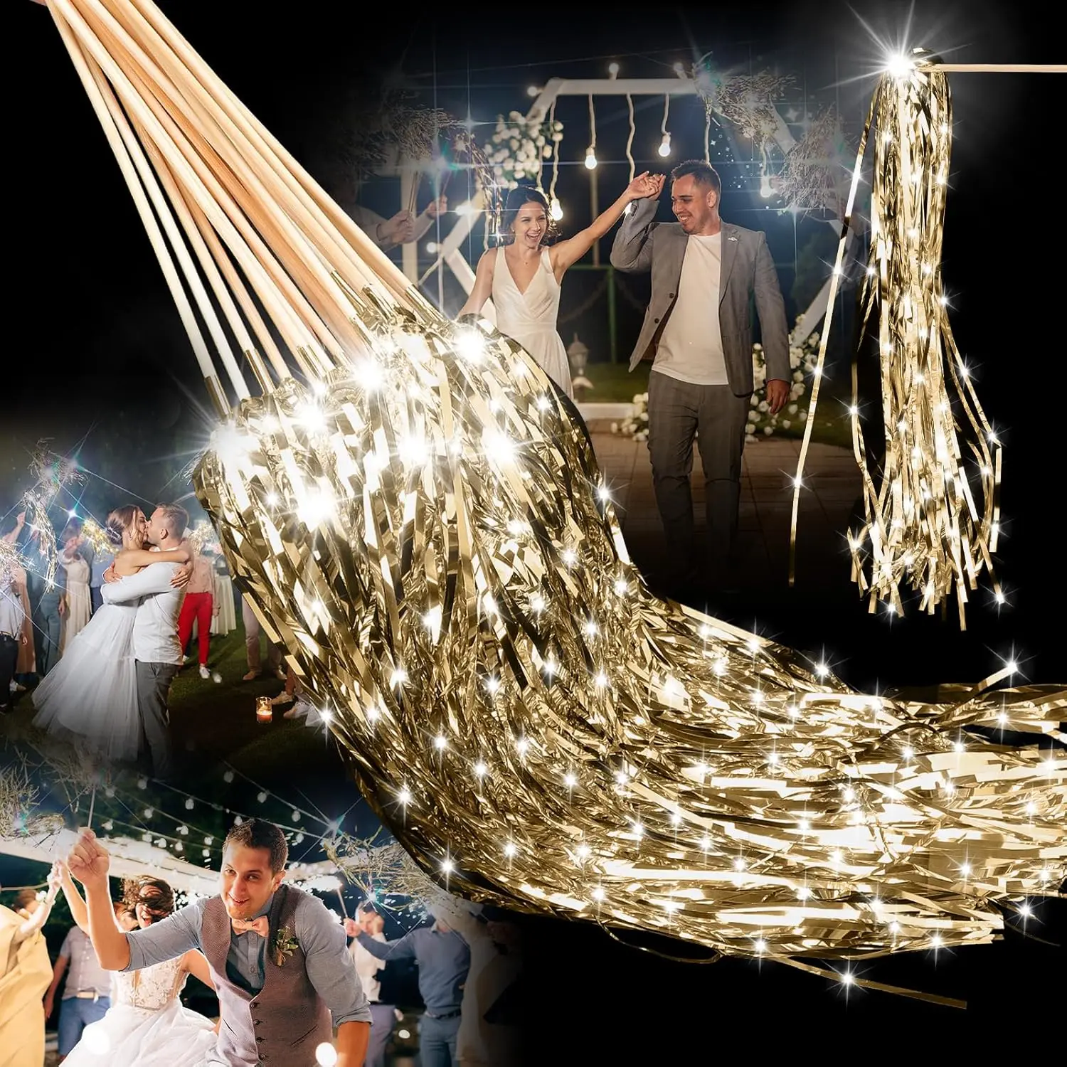 24 LED Lighted Wedding Wands for Send Off, Birthday Party Favors, Champagne Tinsel Streamers