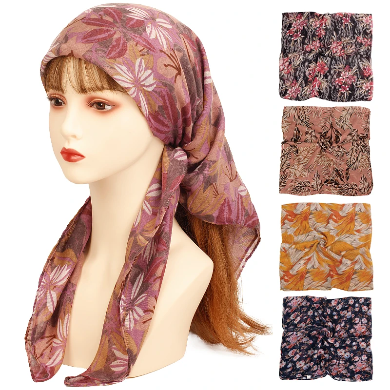 Women Vintage Four Seasons Scarf Fashion Ladies Outdoor Leaves Flowers Print Decorate Headband Scarf Outdoor Kerchief Soft Wrap